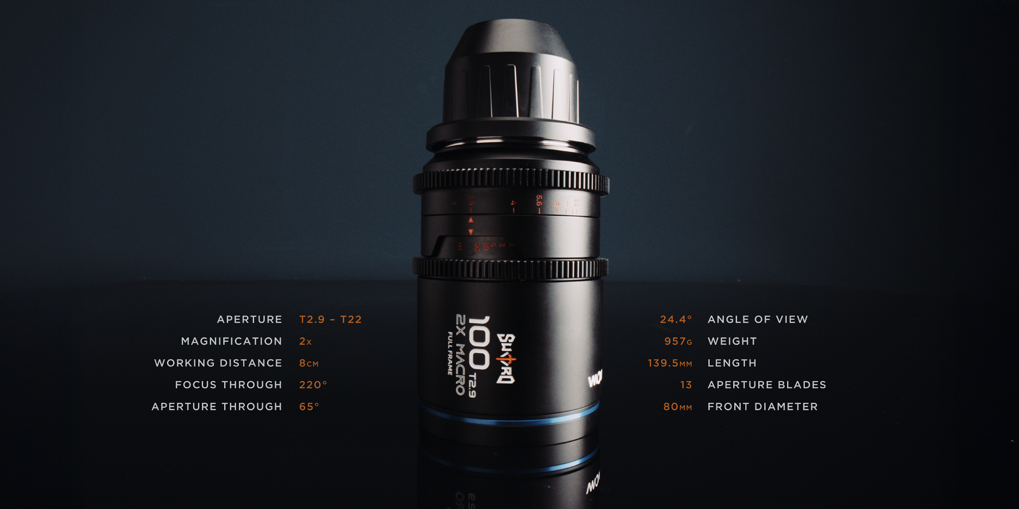 Obiektyw Laowa Sword 100 mm T2,9 2x Macro Cine do Arri PL zdjęcie produktowe na czarnym tle wraz ze specyfikacją